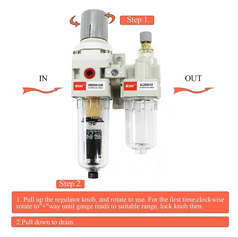 RIH Store Pneumatics Compressed Air Filter Regulator Lubricator Combo Water/Oil Trap Separator - Gauge(0-150 psi), Semi-Auto Drain, Poly Bowl,Bracket - 3 in 1 Two Unit (1/4“ NPT Auto Drain) - Image 4